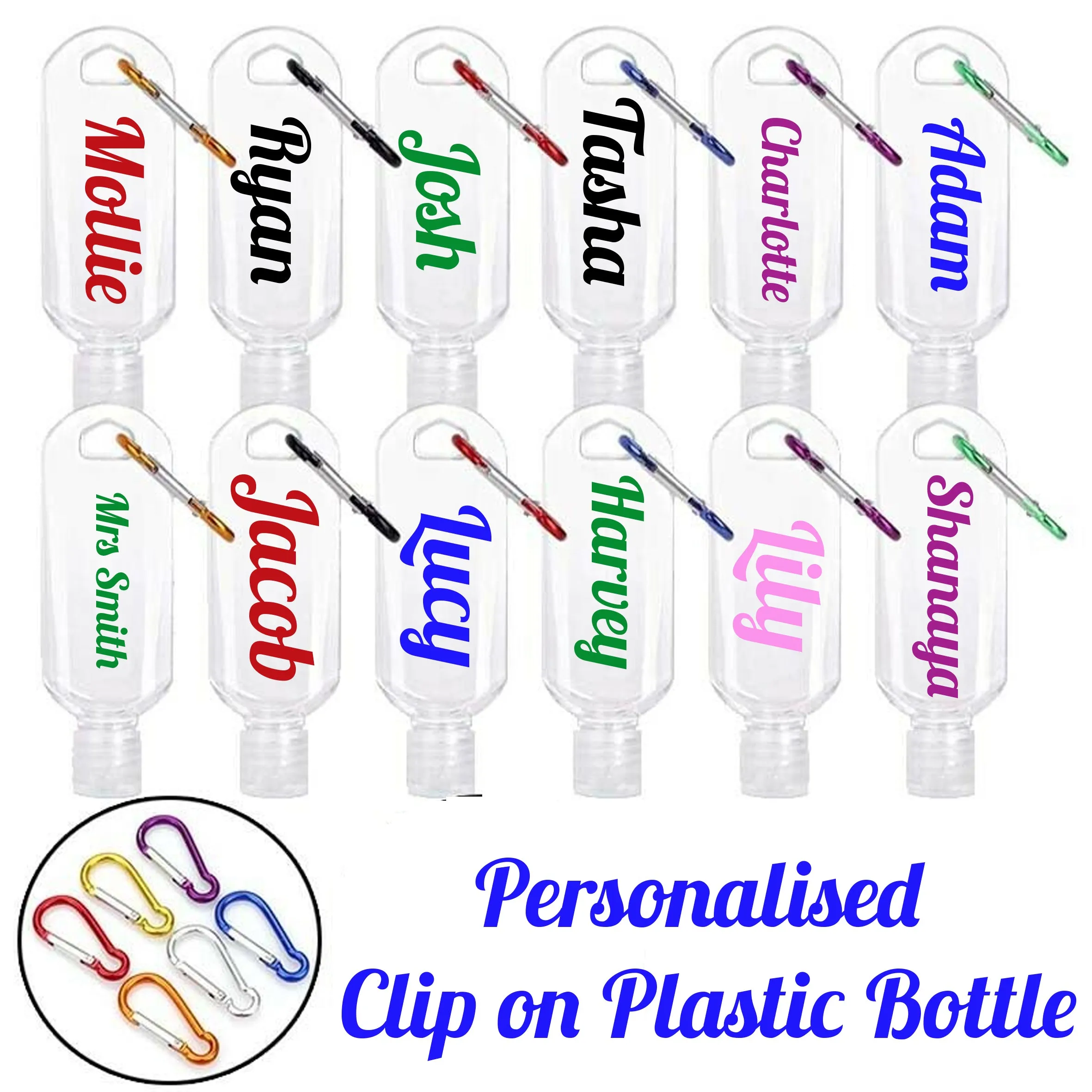 2 x personalised empty sanitiser bottle 50ml/  Refillable bottle with flip on lid and  Clip