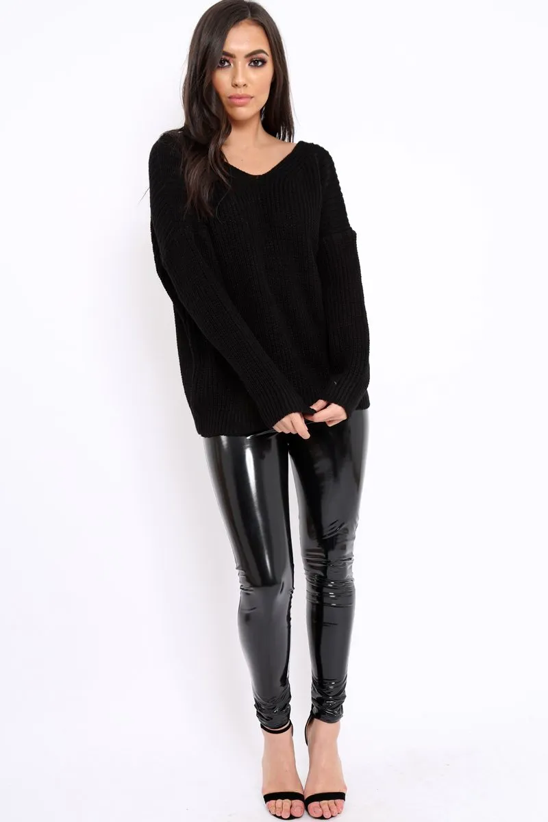 Black Chunky Knit Lace Up Back Jumper - Perrie