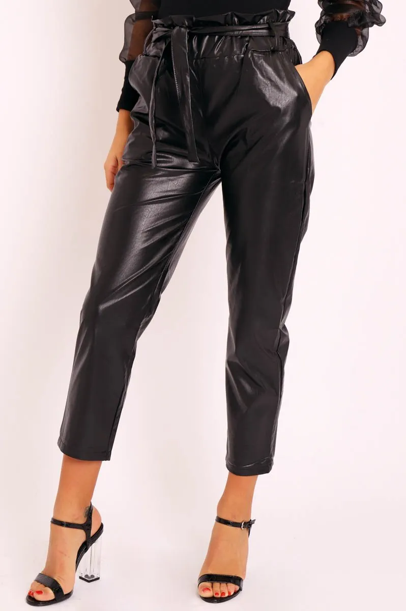 Black Faux Leather Paper Bag Belted Tapered Trousers - Lucia