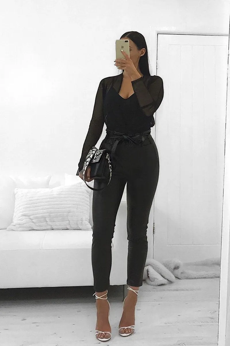 Black Faux Leather Paper Bag Belted Tapered Trousers - Lucia