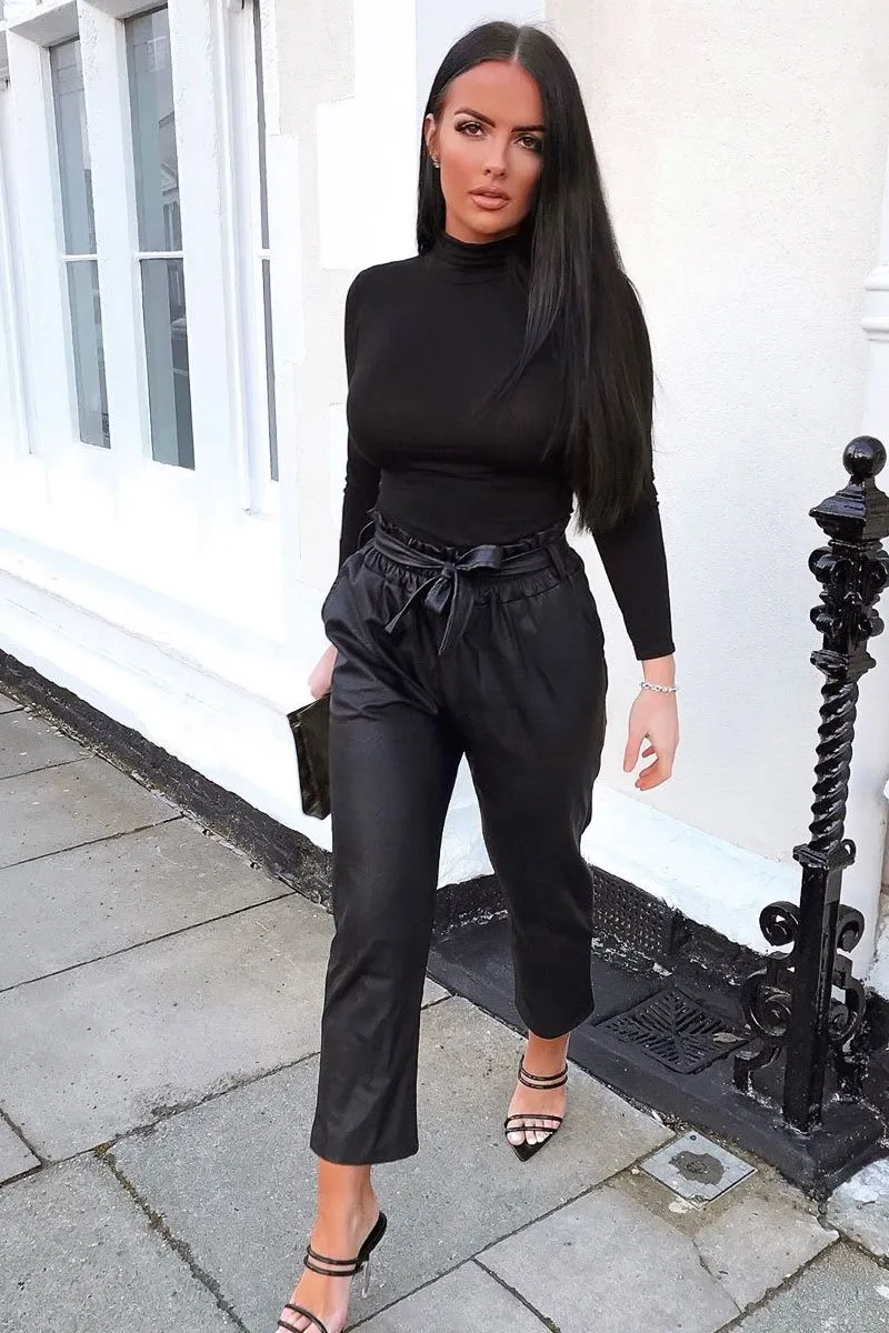 Black Faux Leather Paper Bag Belted Tapered Trousers - Lucia