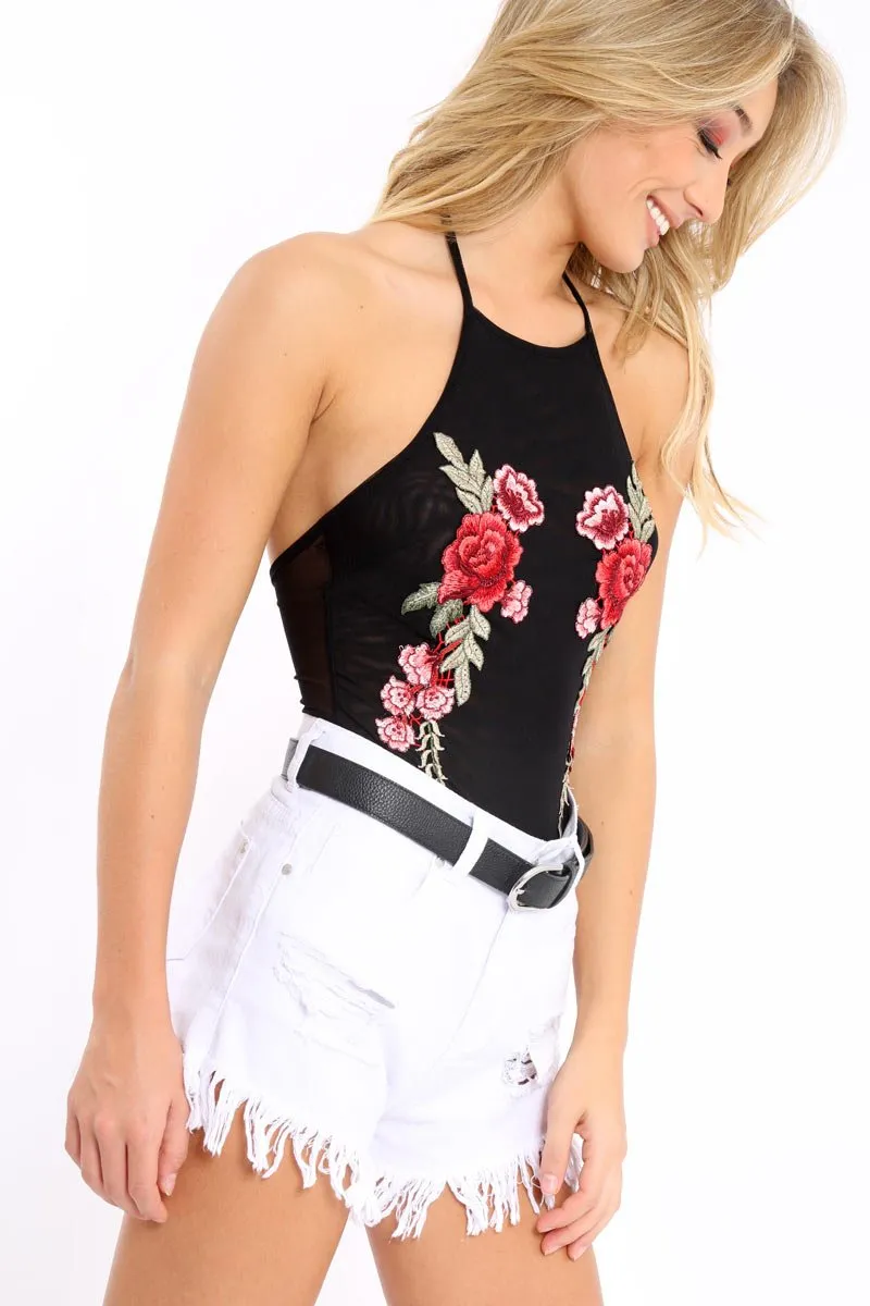 Black Mesh Floral Embroidered Halterneck Bodysuit - Bebe