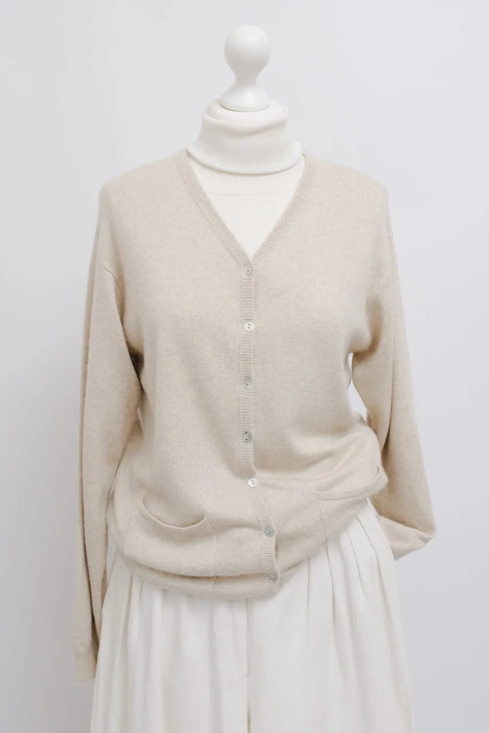 CASHMERE SILK WOOL BEIGE CARDIGAN SWEATER