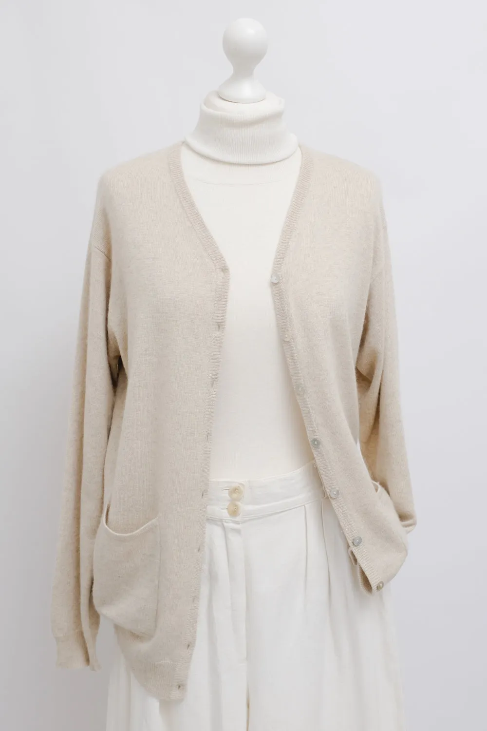 CASHMERE SILK WOOL BEIGE CARDIGAN SWEATER