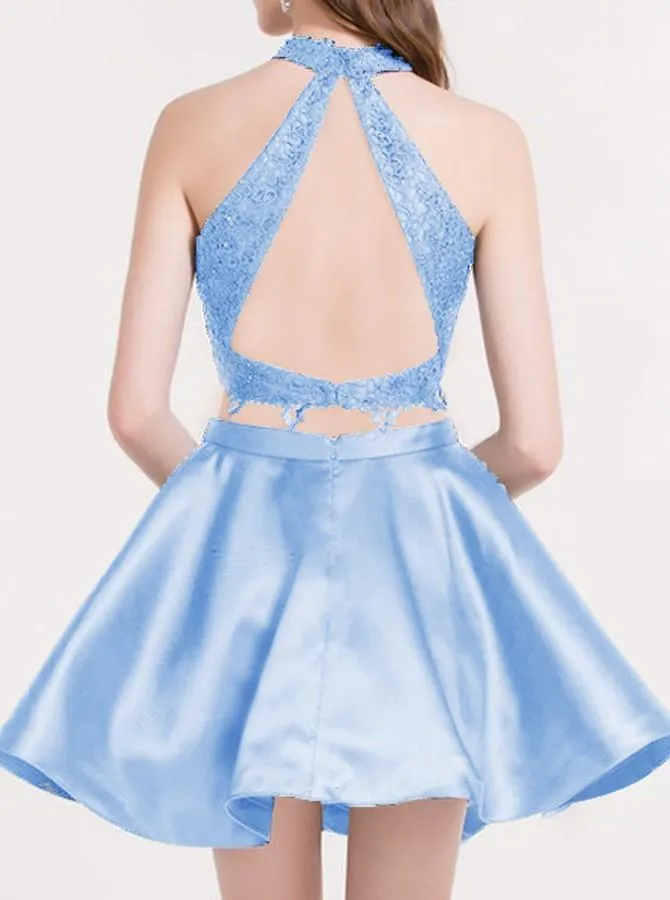 Cute Blue Two Pieces Lace Satin Short Prom Dress Homecoming Dress PG196