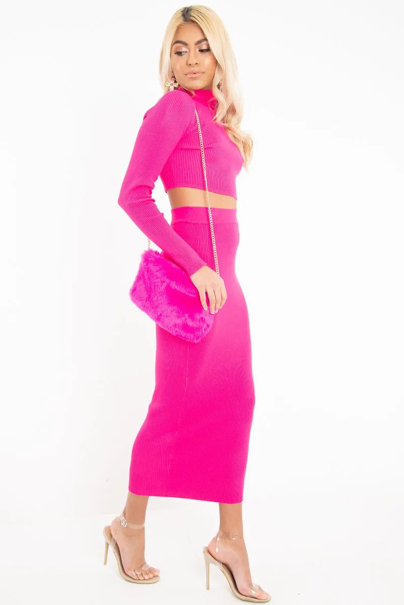 Fuchsia High Neck Rib Knit Crop Jumper - Emogene