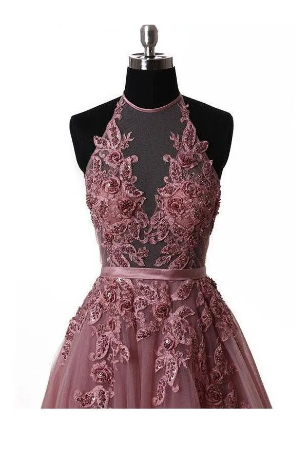 Halter Blush Train Simple Prom/Evening Dress With Lace Applique PG550