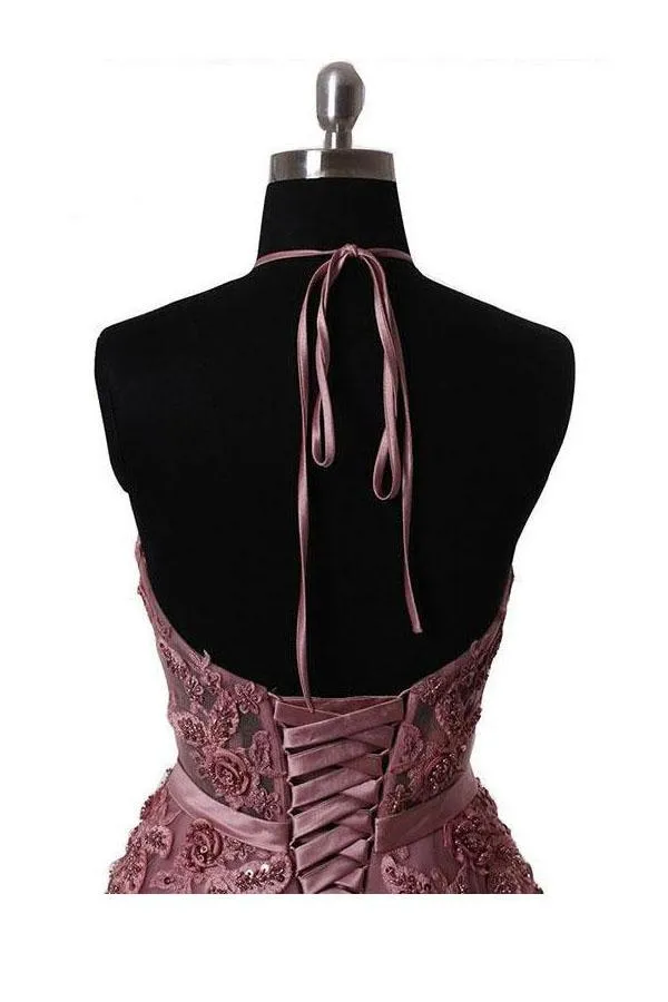 Halter Blush Train Simple Prom/Evening Dress With Lace Applique PG550