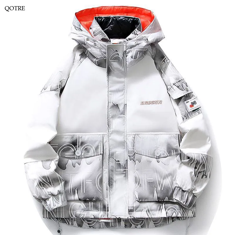 Hooded White Duck Down Thickened Bellows Pocket Down Jacket