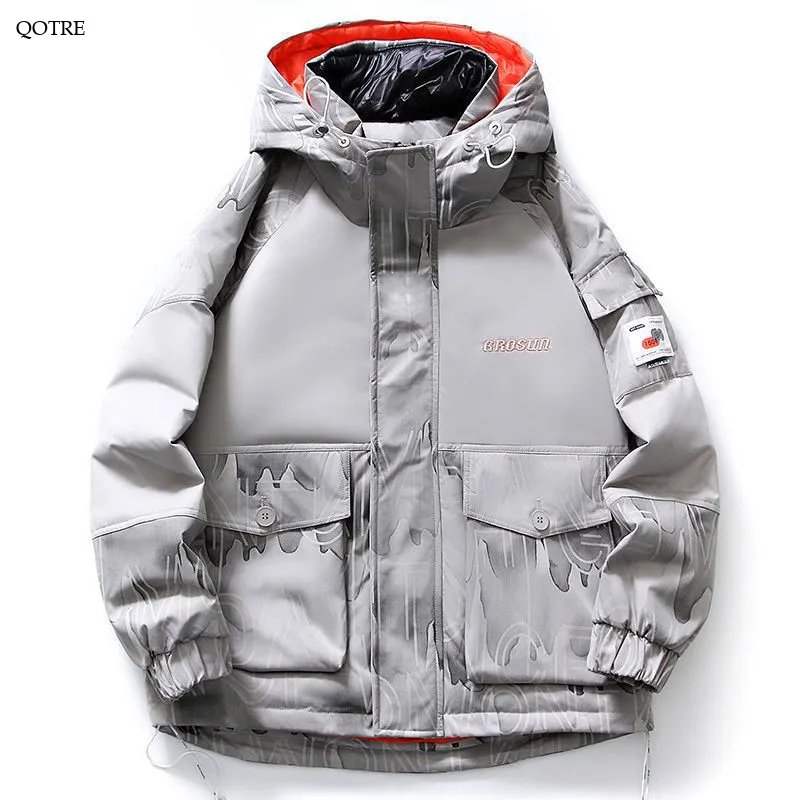 Hooded White Duck Down Thickened Bellows Pocket Down Jacket