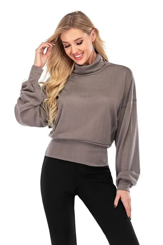Laura High-Neck Hip-Hugger Balloon Sleeve Sweater