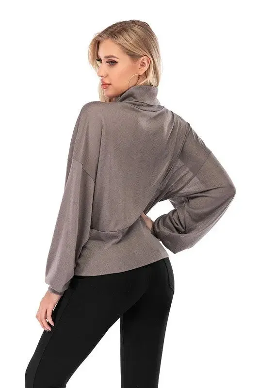 Laura High-Neck Hip-Hugger Balloon Sleeve Sweater