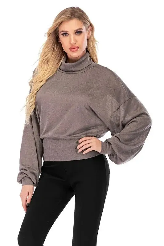 Laura High-Neck Hip-Hugger Balloon Sleeve Sweater