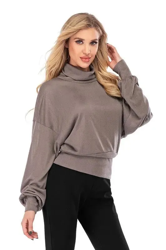 Laura High-Neck Hip-Hugger Balloon Sleeve Sweater