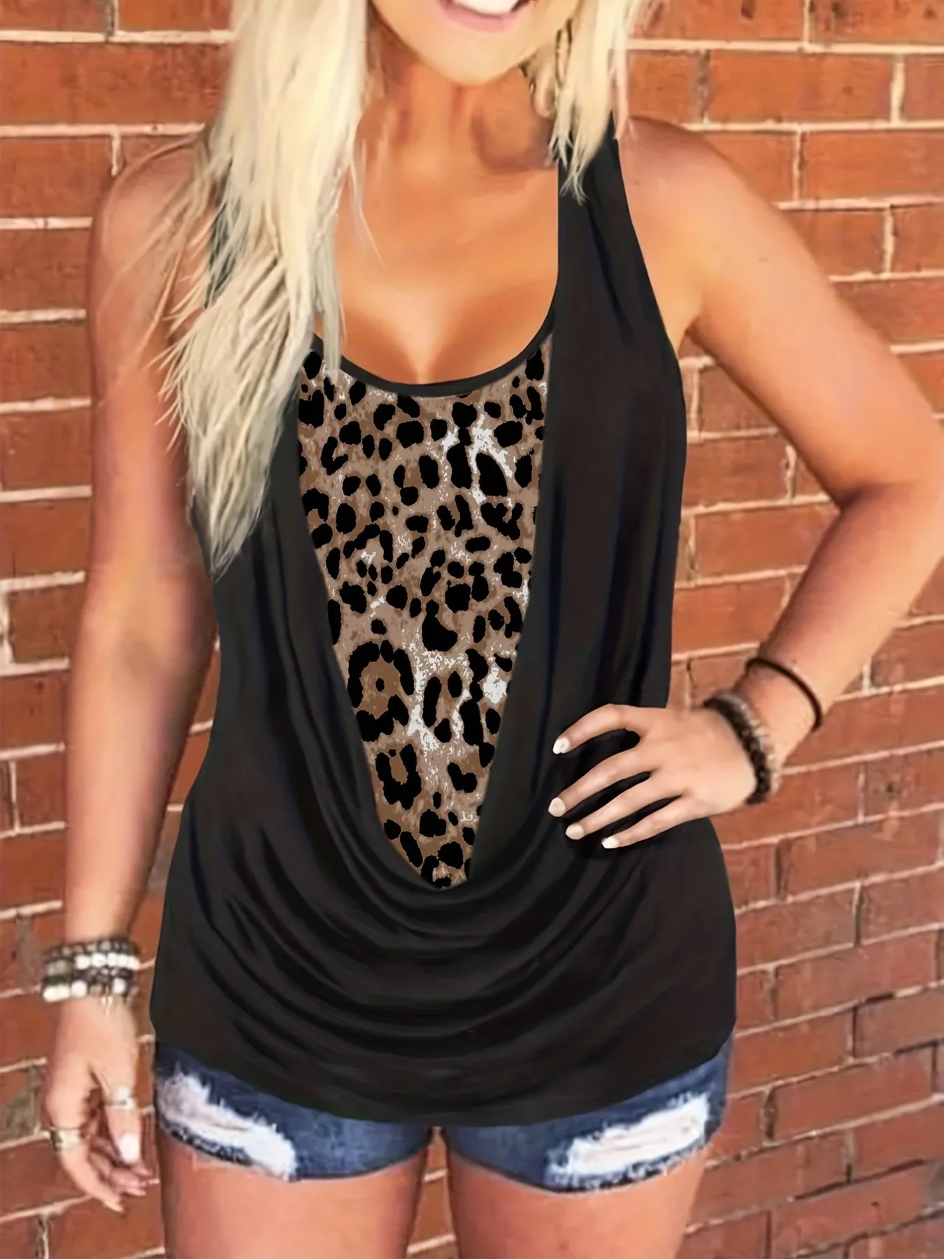 Leopard Colorblock Ruched Tank Top for Plus Size Women