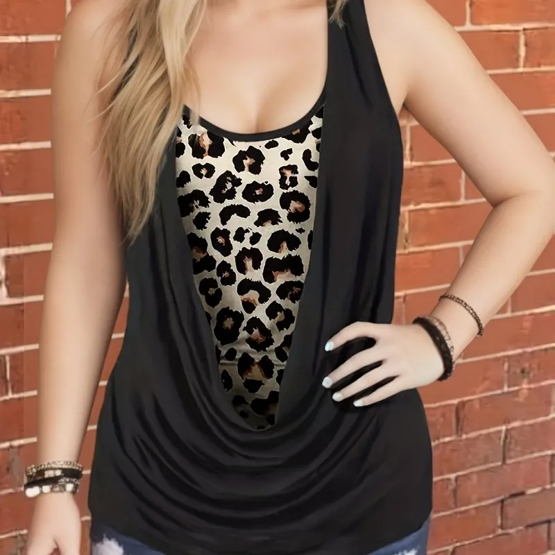 Leopard Colorblock Ruched Tank Top for Plus Size Women