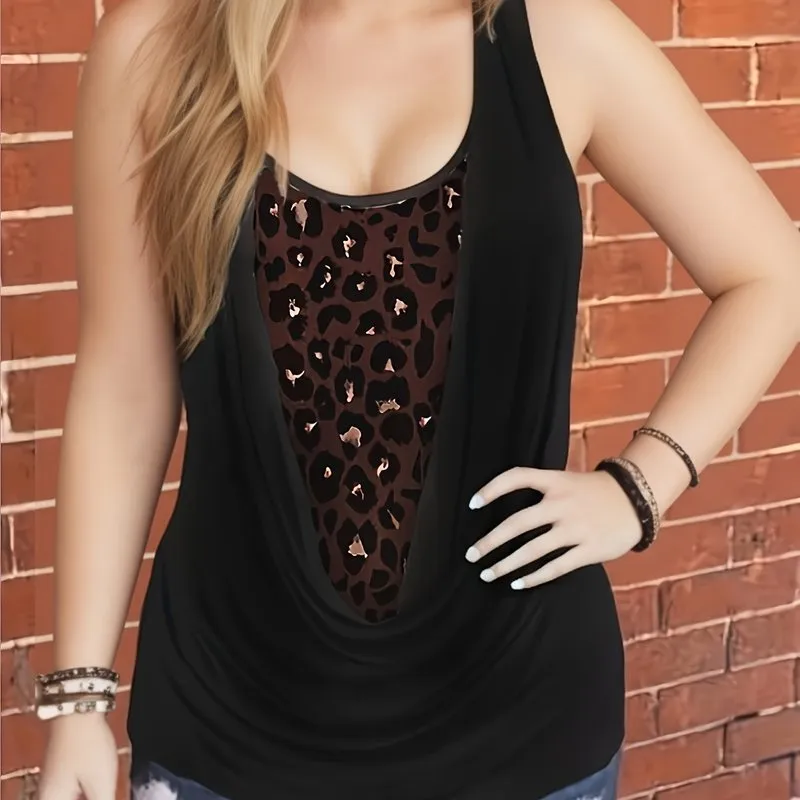 Leopard Colorblock Ruched Tank Top for Plus Size Women