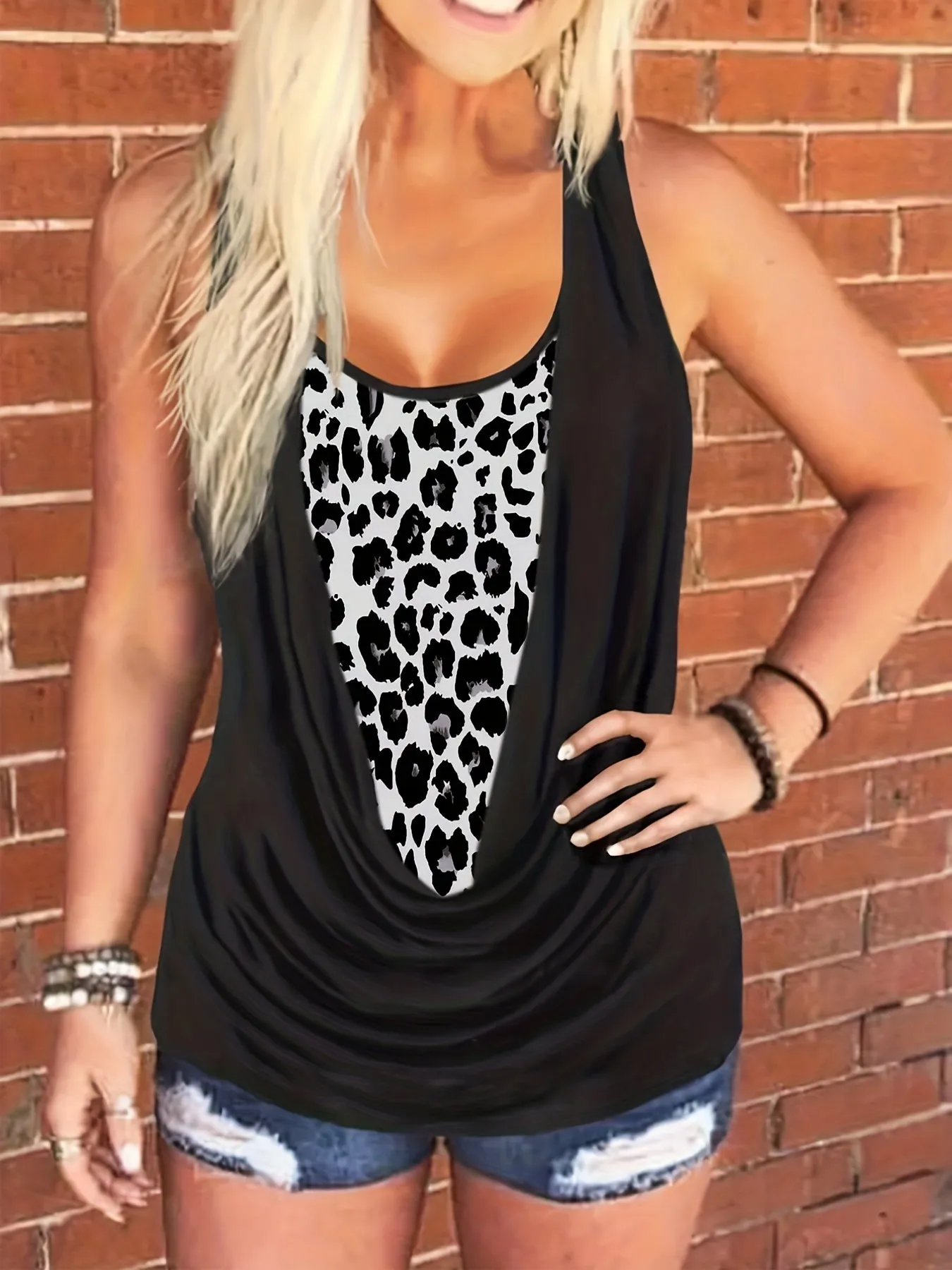 Leopard Colorblock Ruched Tank Top for Plus Size Women