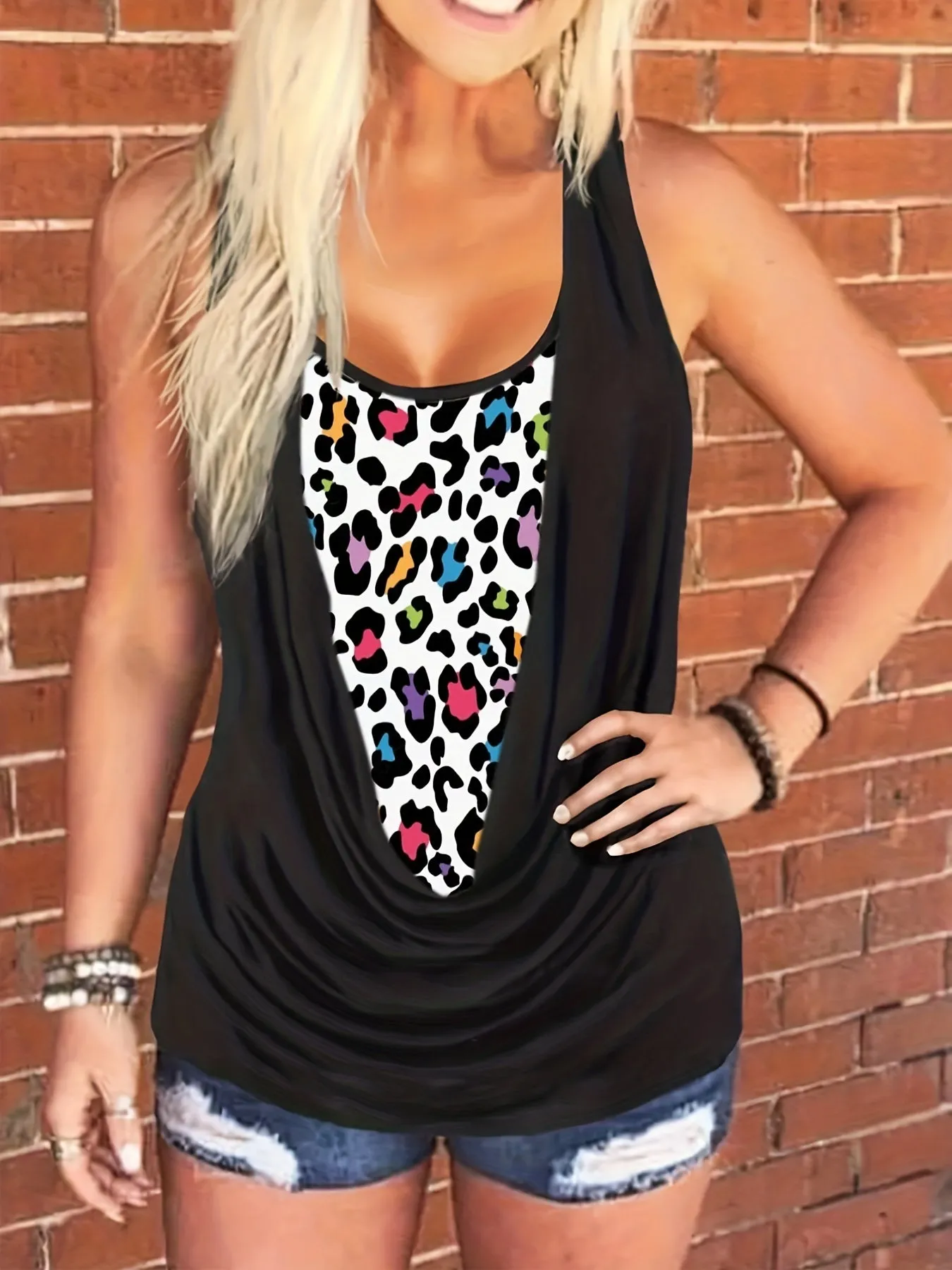 Leopard Colorblock Ruched Tank Top for Plus Size Women