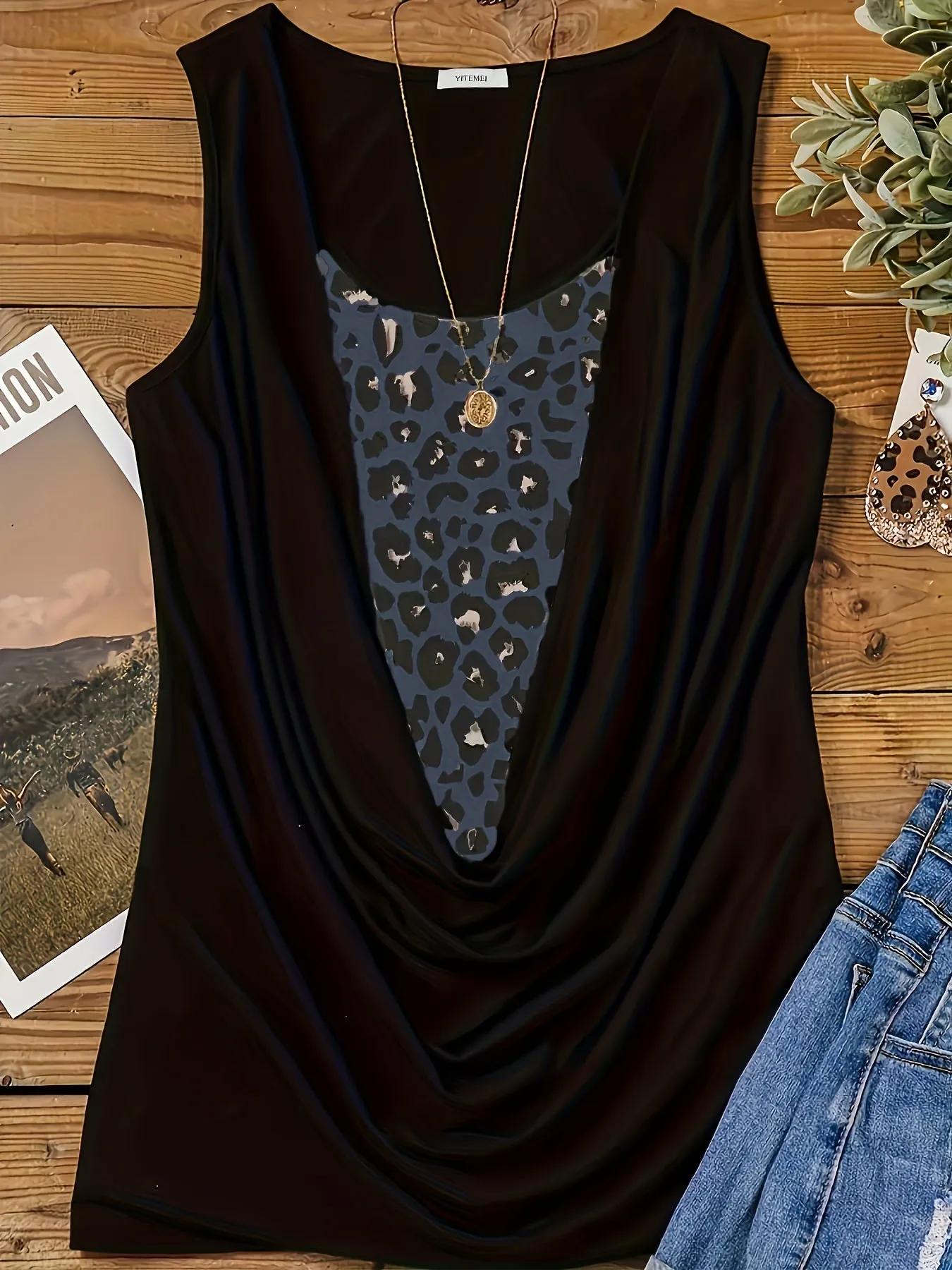 Leopard Colorblock Ruched Tank Top for Plus Size Women
