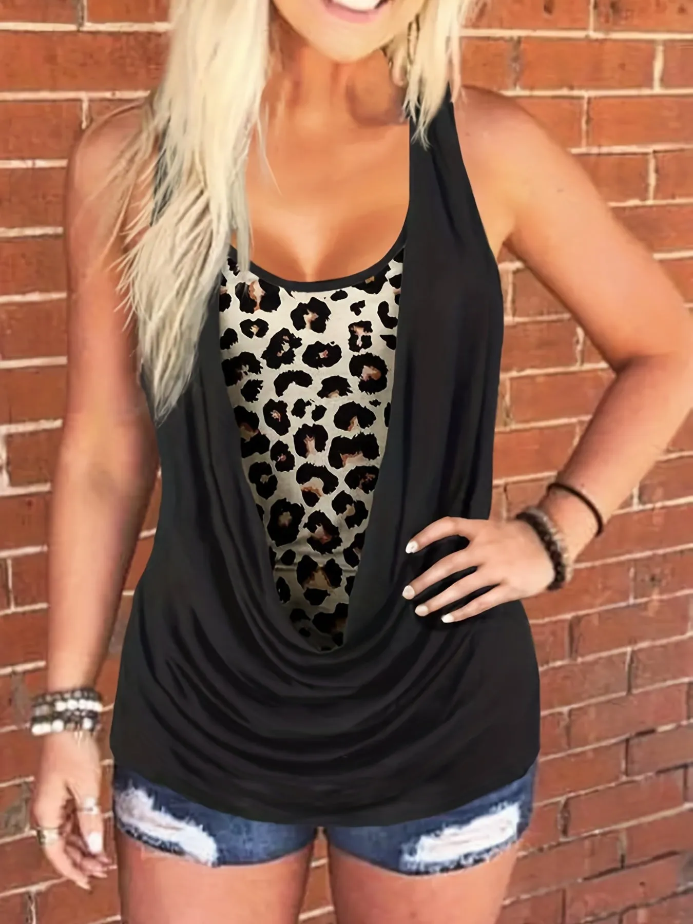 Leopard Colorblock Ruched Tank Top for Plus Size Women