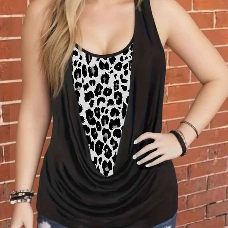 Leopard Colorblock Ruched Tank Top for Plus Size Women
