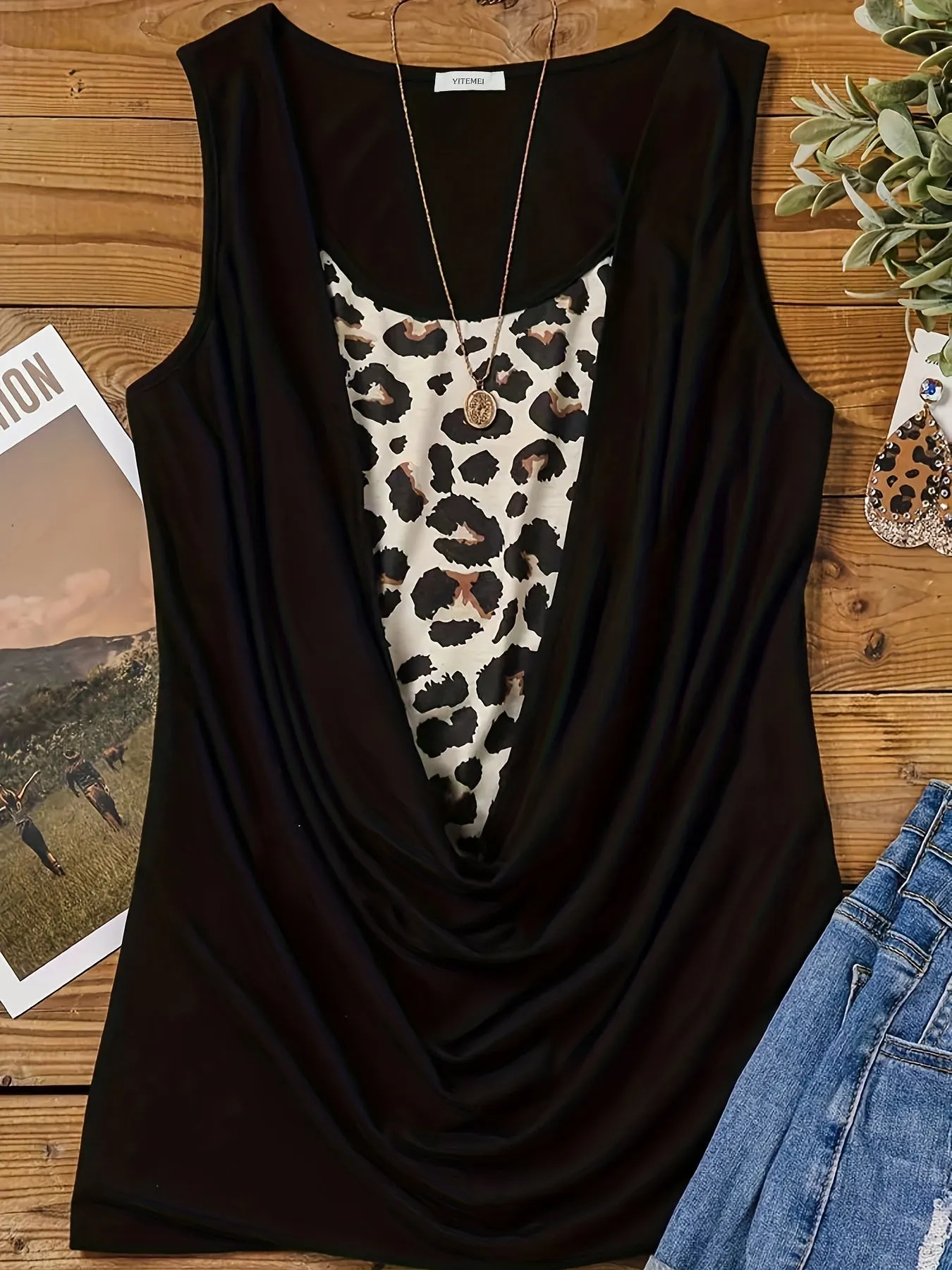 Leopard Colorblock Ruched Tank Top for Plus Size Women
