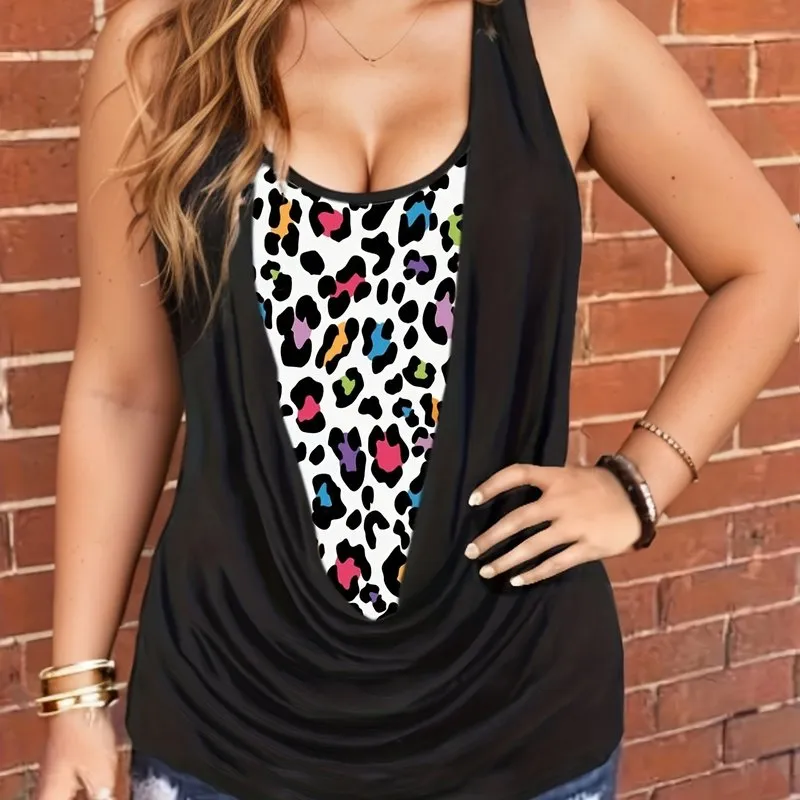 Leopard Colorblock Ruched Tank Top for Plus Size Women