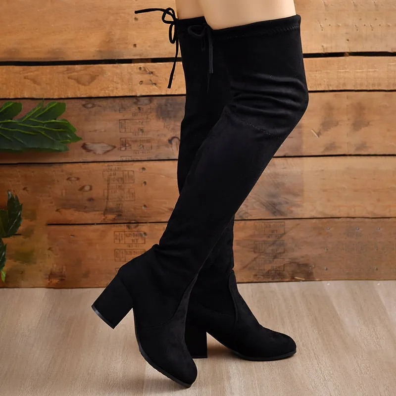 Toleet Black Flock Over The Knee Boots Women Back Lace Up Thick Heeled Long Boots Woman 2023 Autumn Round Toe Thigh High