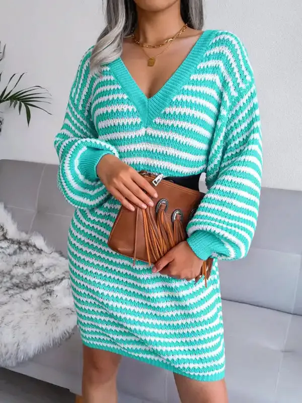 Women’s striped hollow wool dress knitted dress