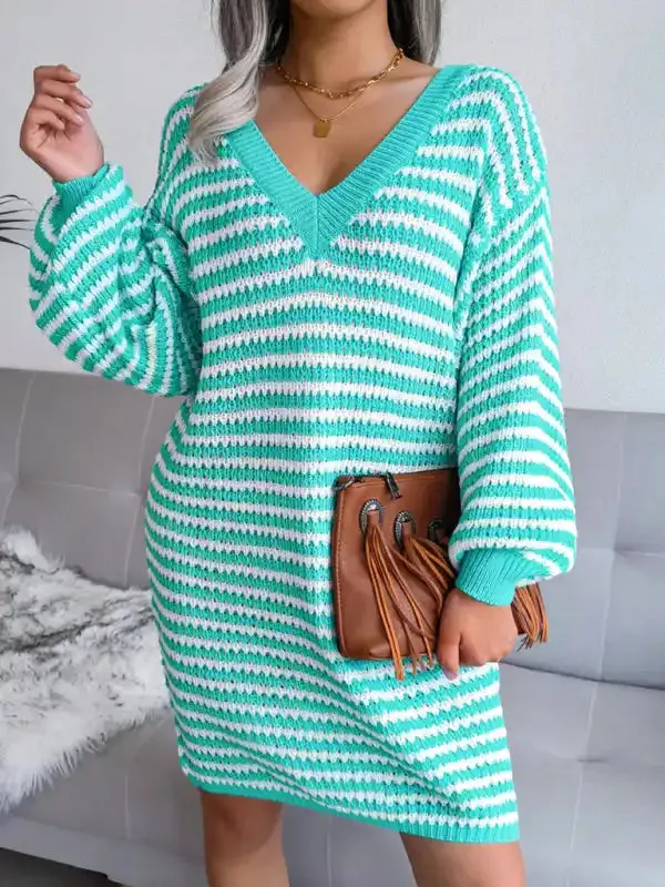 Women’s striped hollow wool dress knitted dress
