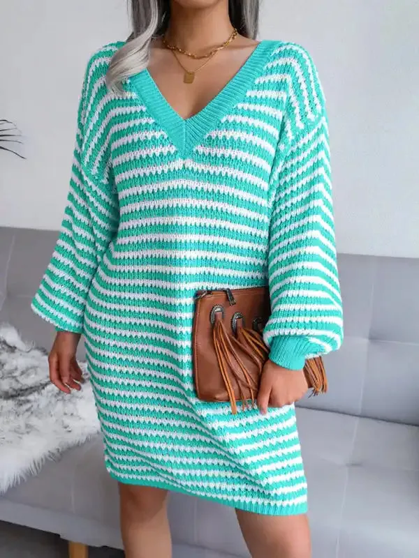 Women’s striped hollow wool dress knitted dress