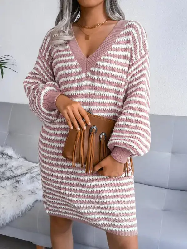 Women’s striped hollow wool dress knitted dress