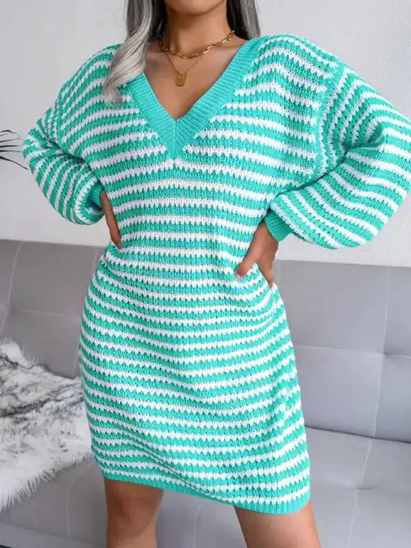 Women’s striped hollow wool dress knitted dress