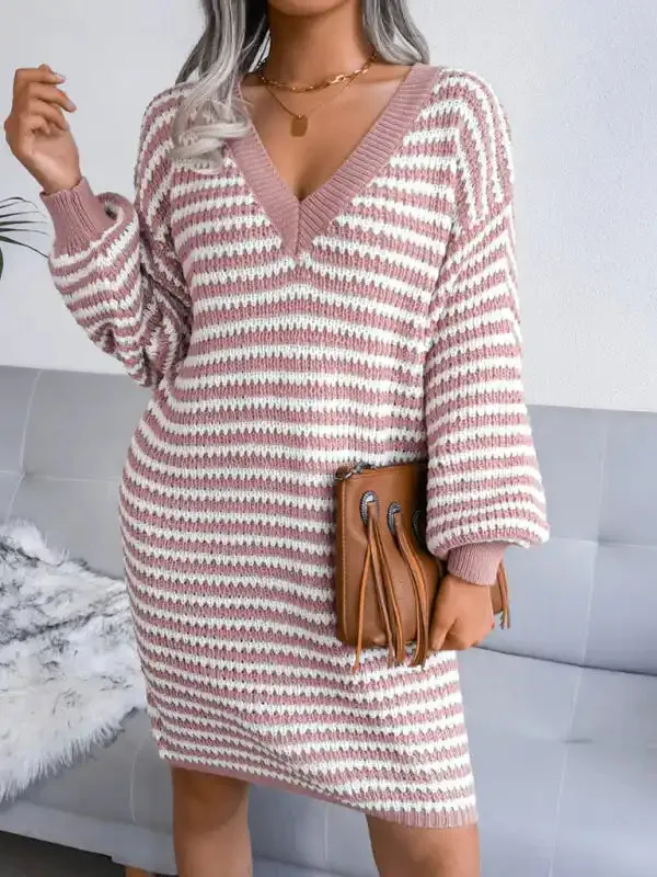 Women’s striped hollow wool dress knitted dress