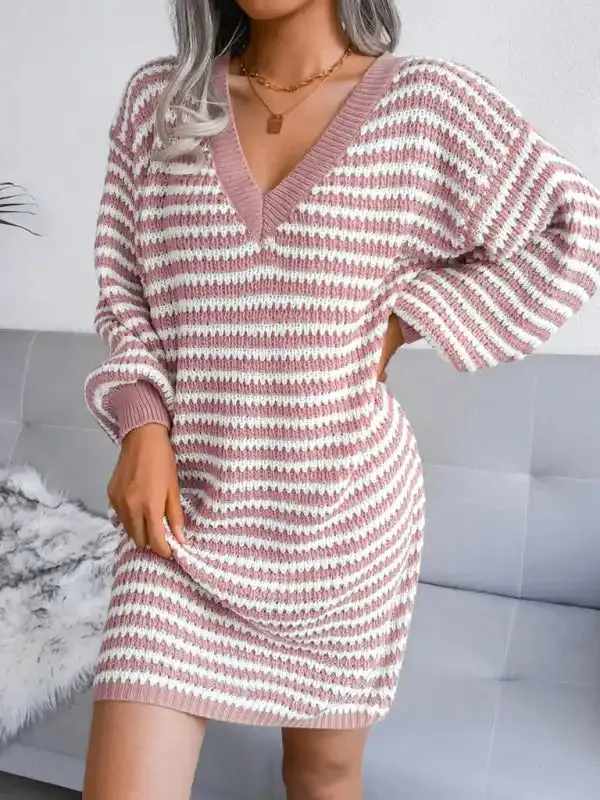 Women’s striped hollow wool dress knitted dress
