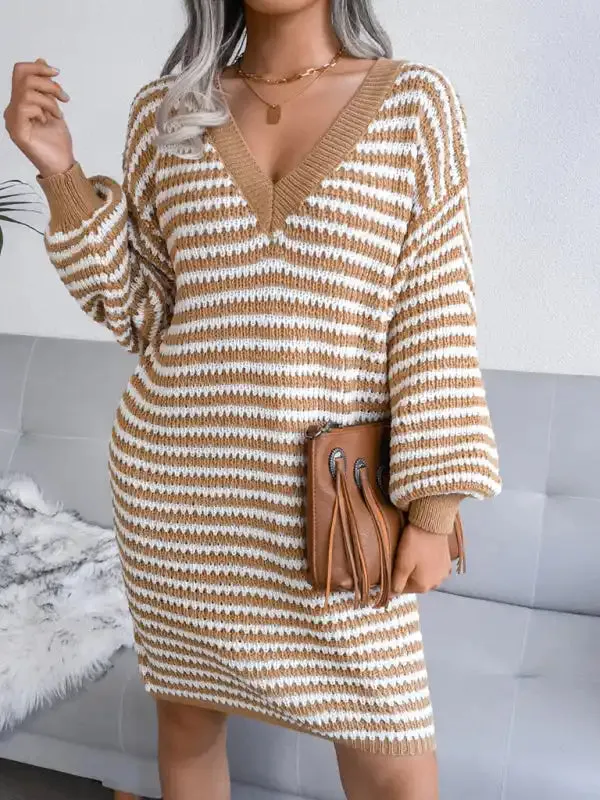 Women’s striped hollow wool dress knitted dress