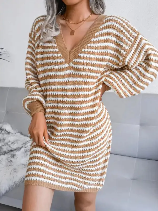 Women’s striped hollow wool dress knitted dress